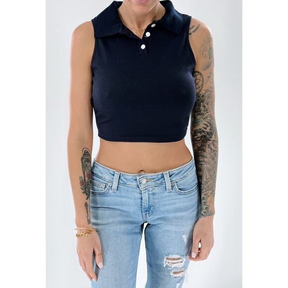 Women's Navy Blue Collared Sleeveless Crop Top Size Small - Picture 1 of 3